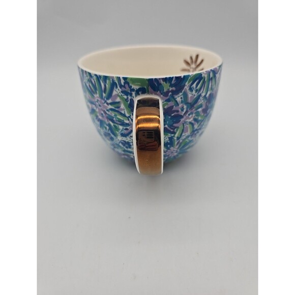 Lilly Pulitzer Blue Floral Logo inside Gold Handle Coffee Tea Coco Mug 14 oz - Picture 3 of 10